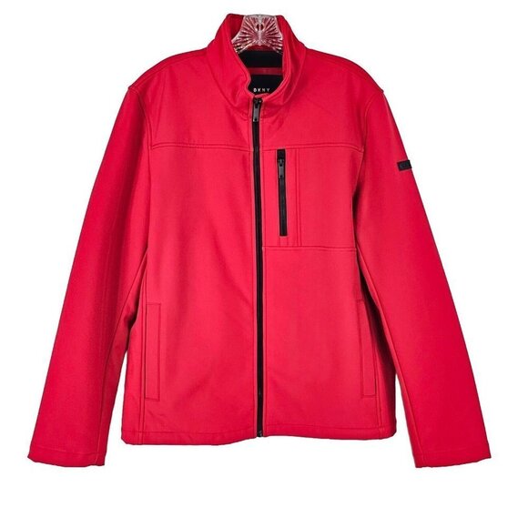 DKNY Softshell Mens Jacket Size Medium Red Stand Collar Full Zip Water Resistant
